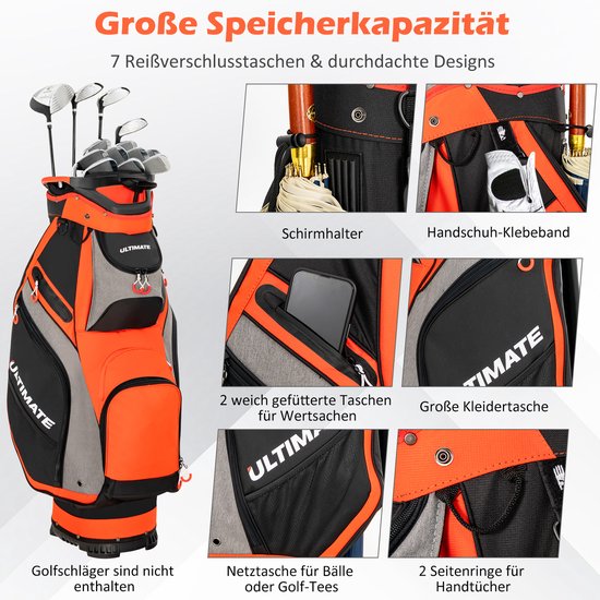 COSTWAY Golftas, Lichtgewicht en Draagbare Golfkar Tas met 14 Manieren Volledige-Lengte Top Verdelers, 7 Zakken met Ritssluiting, Regenkap, Schouderriem, PVC Handvat, Paraplu Houder (Zwart + Rood) van Merkloos — afbeelding 2