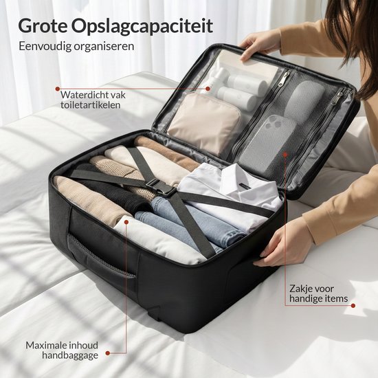 Zwarte NOHRD rugzak geopend, volgepakt met kleding en toiletartikelen in een waterdicht vak. Tekst "Grote Opslagcapaciteit".