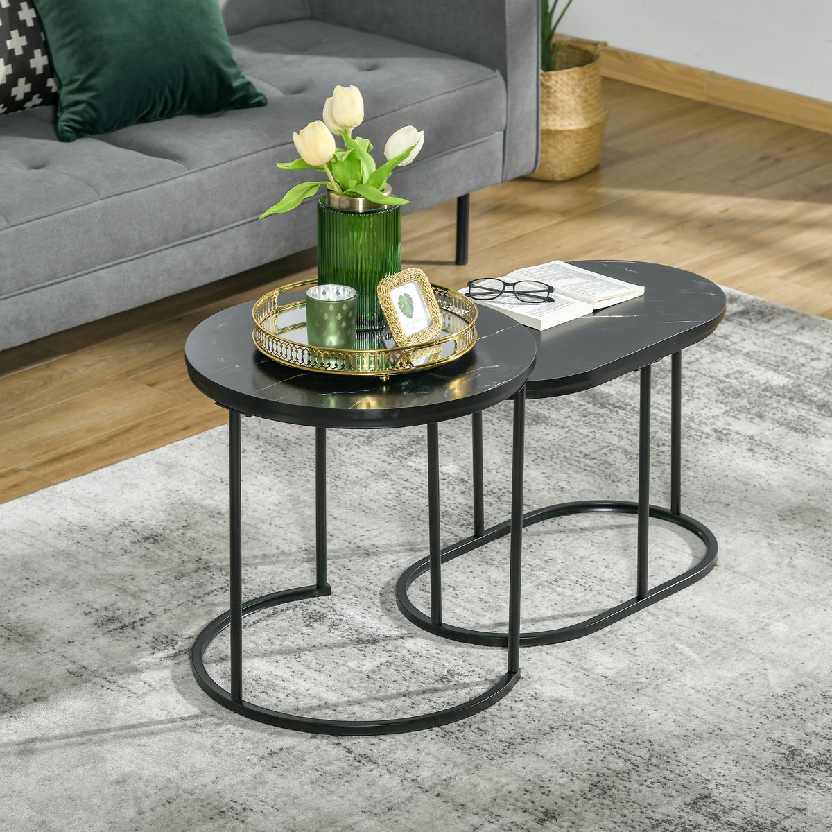 REDOM Salontafel set van 2, staal frame met verstelbare poten, zwart