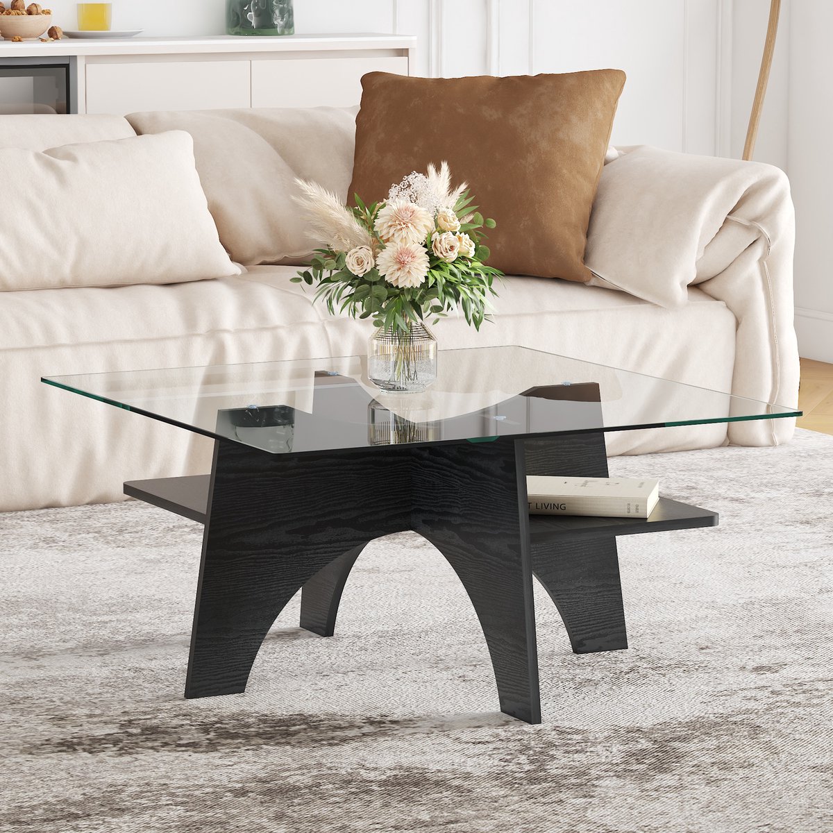 REDOM Salontafel 80x80x40 cm van glas en MDF, met open vak Zwart