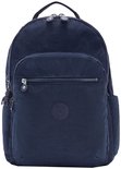 Sac à dos Kipling bleu foncé avec porte-clés singe gris, poche avant zippée et poches latérales.