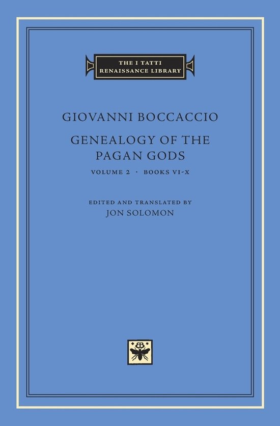 Boek: Genealogy of the Pagan Gods, Volume 2, door Giovanni Boccaccio. Blauwe omslag met gouden tekst.