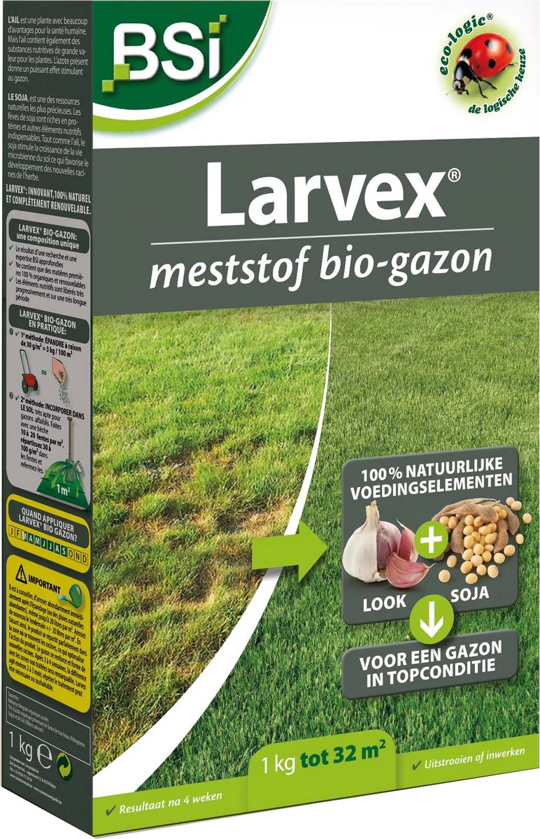 BSI - Larvex Gazon - Gazonmeststof van 100 % organische en hernieuwbare grondstoffen - 1 kg voor 33 m²