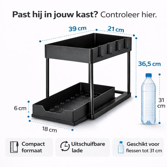 Afmetingen van de zwarte, uitschuifbare organizer met twee niveaus, met een fles water ernaast voor schaal.