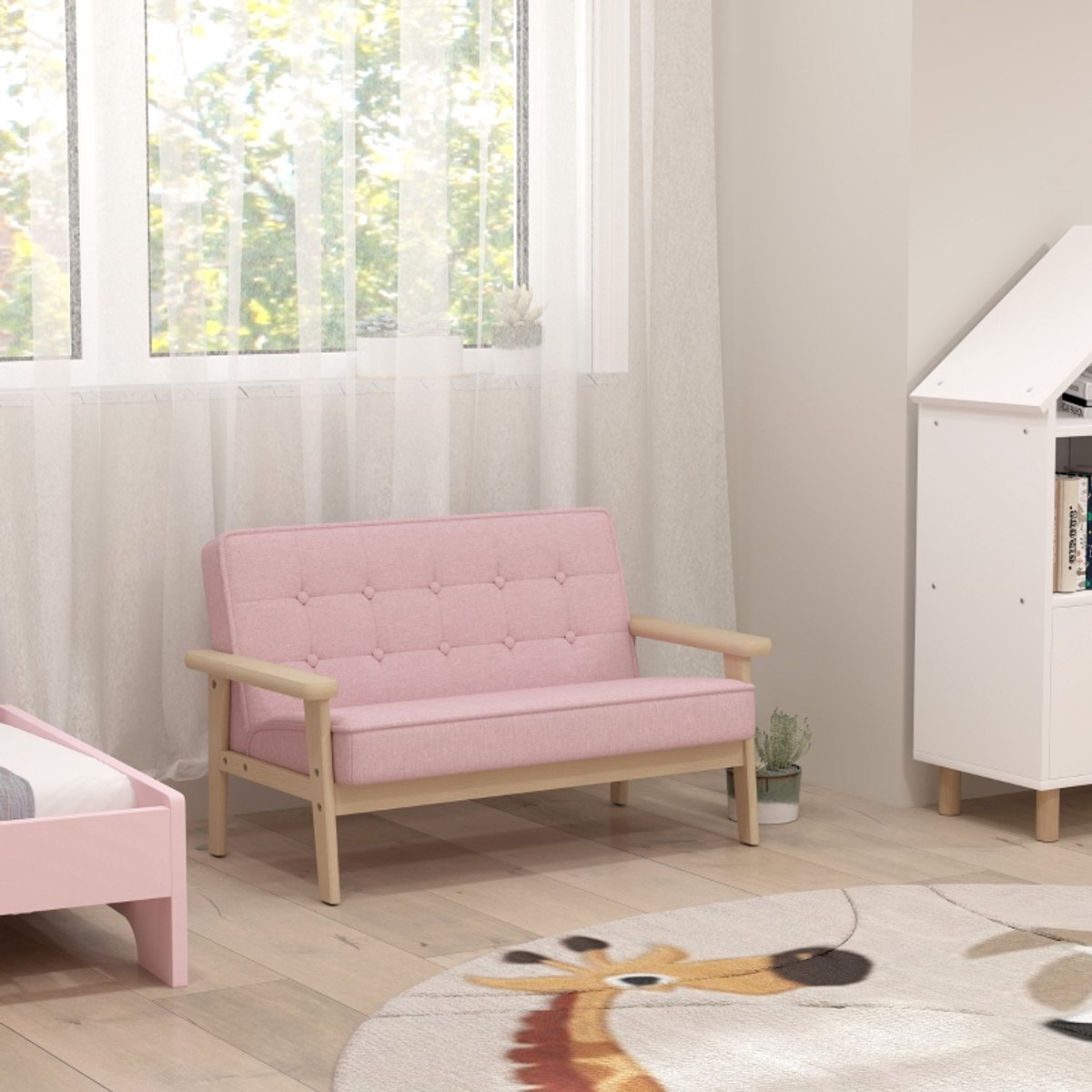 MODFU - Kinderbank - 2-Zits Gevoerd Met Armleuningen - Eigentijds - Houten Frame En Stof - Roze - 77 X 42 X 48 Cm