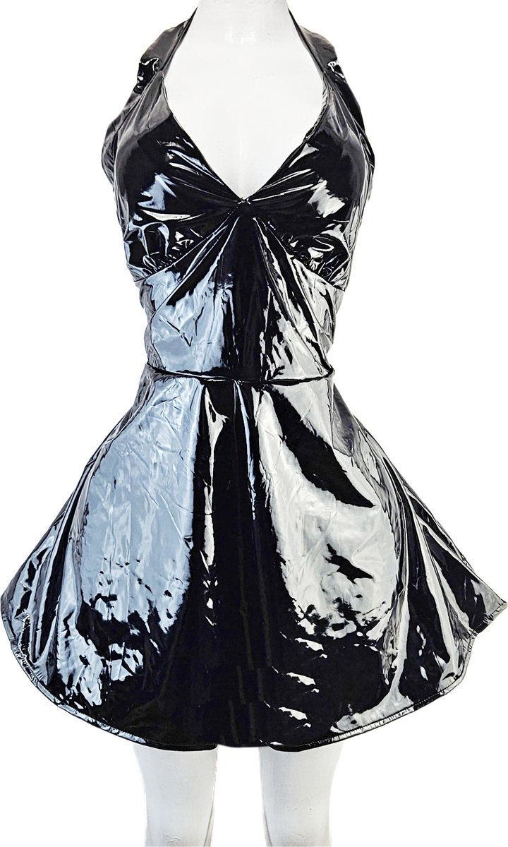 BamBella® - Jurk- Maat S/M - zwart Rollenspel sm dames sexy Glans kleding mix van Latex en stof Datex