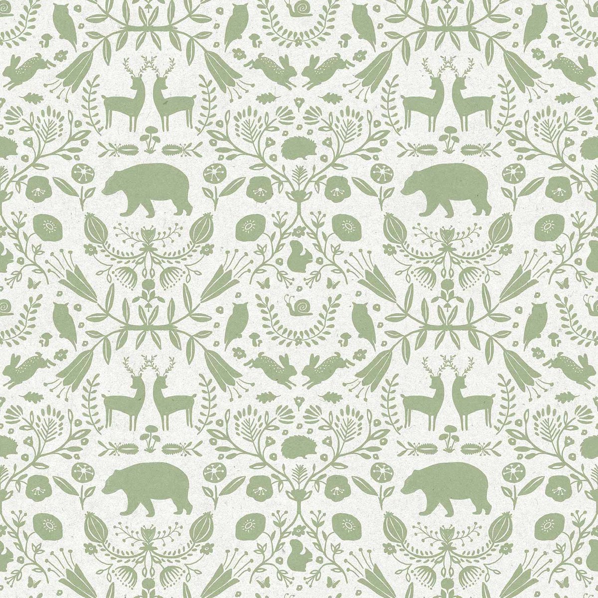 Behang - Kinderkamer – Bosdieren – Groen - Wit - Babykamer - Kinderbehang – Dieren Silhouetten - 0,53 x 10,05 M