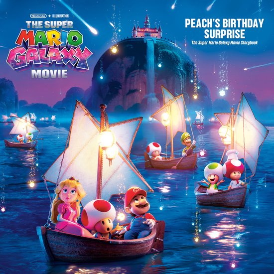 Mario, Peach en Toad varen in een boot bij nacht, met vuurwerk in de lucht. The Super Mario Galaxy Movie.