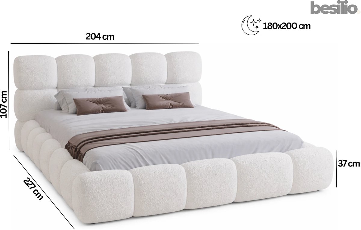 Gestoffeerd Tweepersoonsbed 200x200 cm met Opbergruimte en Hoog Rond Hoofdbord – Luxe Bouclé Design Bed met Lattenbodem – Wit – Boston Elegance – Laura