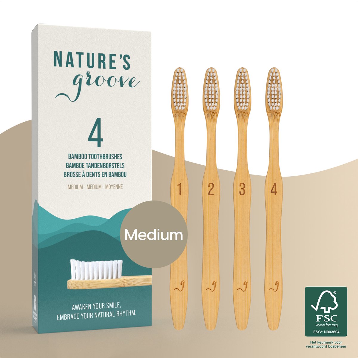 Nature’s Groove® Bamboe Handtandenborstels Medium - Set van 4 - Handmatige Houten Tandenborstel