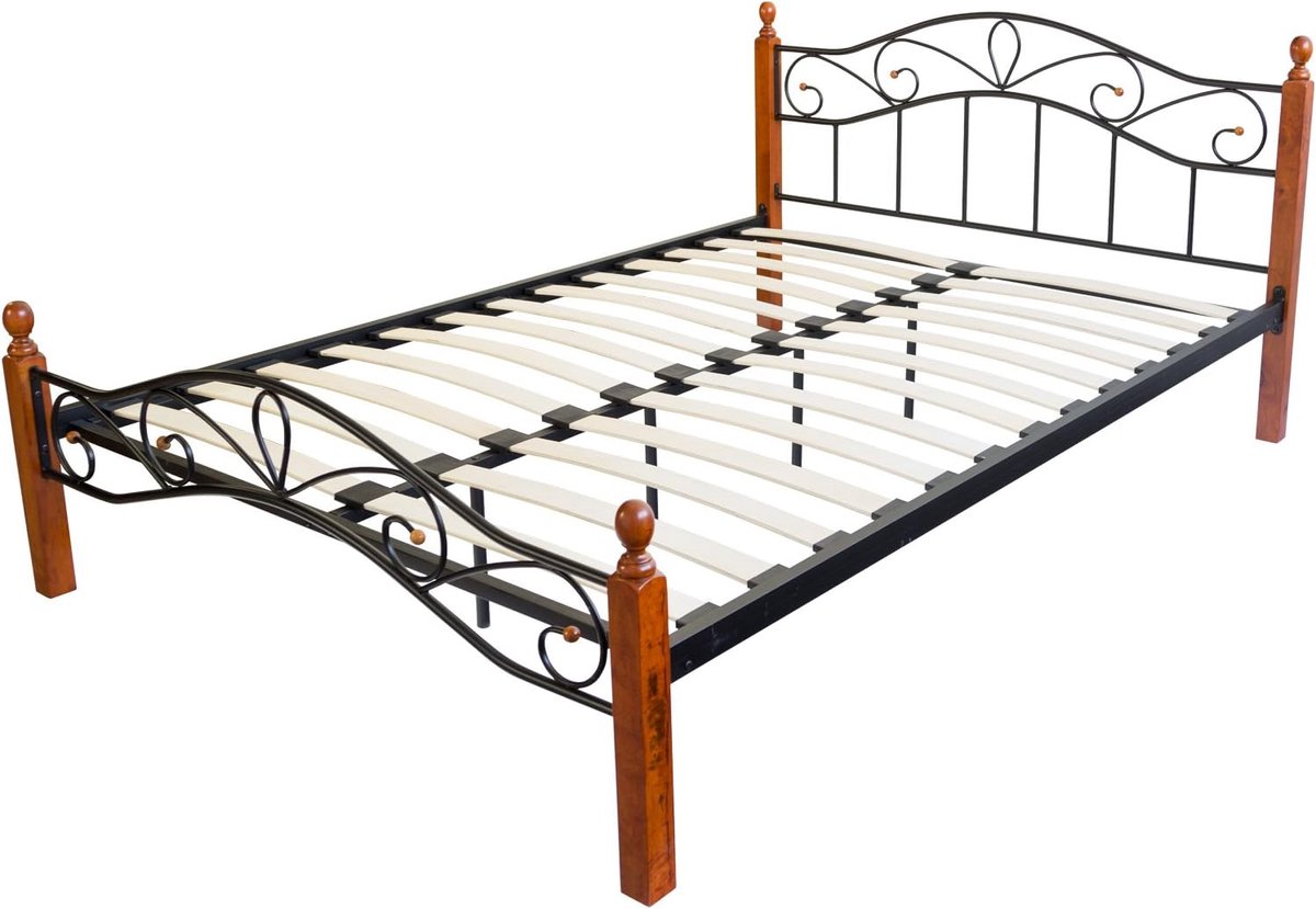 Metalen Tweepersoonsbed 160x200 cm Zwart met Houten Accenten en Lattenbodem