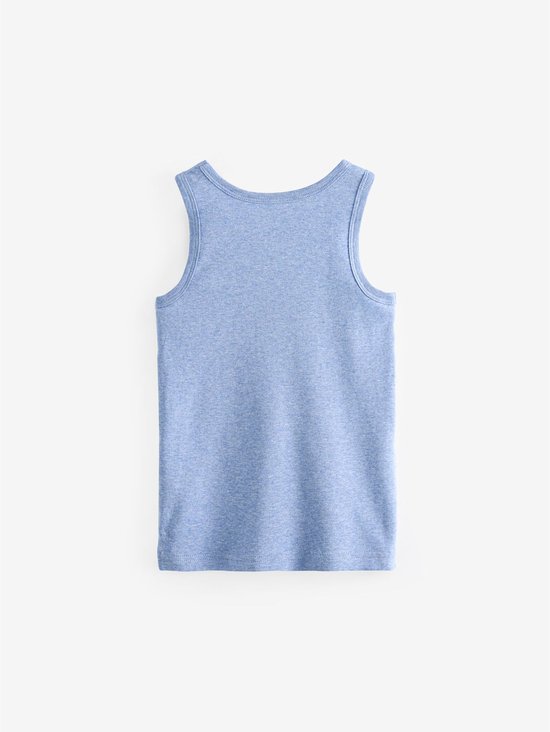 Blauw gemêleerd hemdje, achterkant zichtbaar.