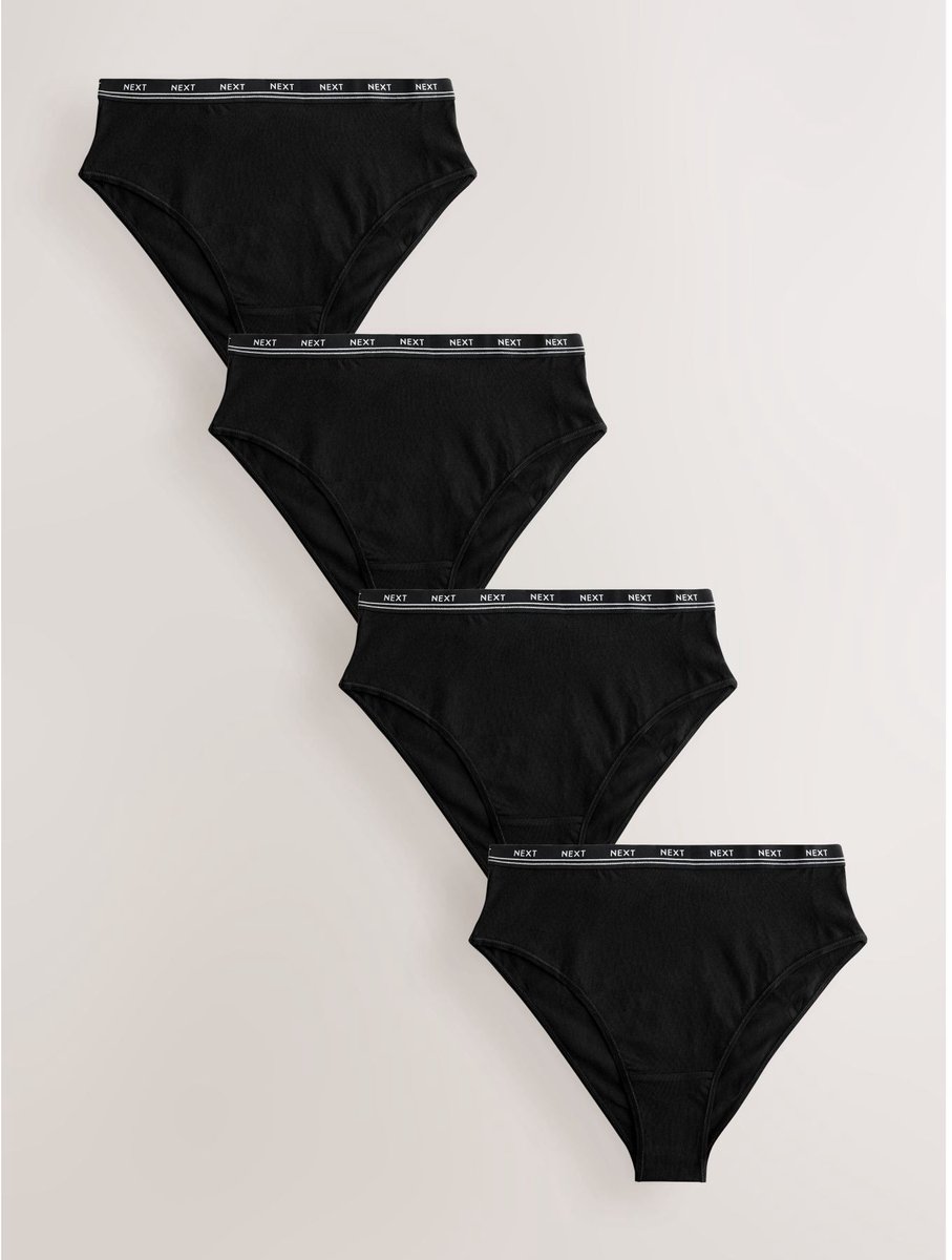 Next - Dames - Set van 4 hoog opgesneden katoenen slips met hoge taille en logo - Zwart