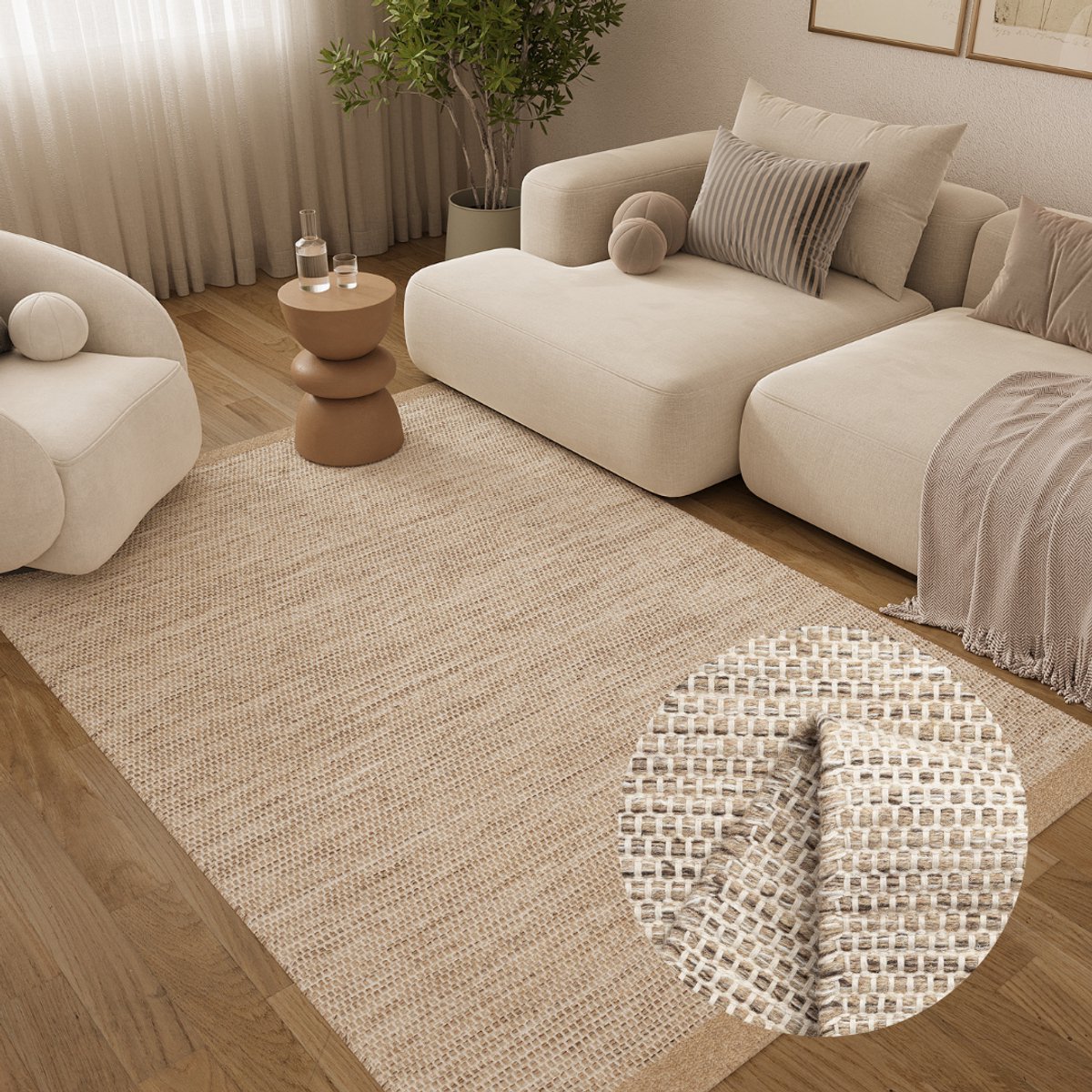 Tapiso Loni Wollen Vloerkleed - Handgemaakt Modern Tapijt - Taupe - Zacht & Onderhoudsvrie