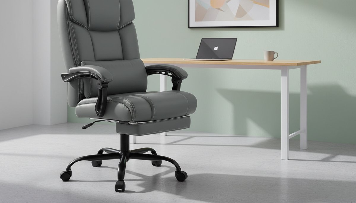 Ergonomische Bureaustoel Casa Velluto Boss – Verstelbare Lendensteun, Hoge Rug, PU-Leder, Voetsteun, Comfortabele Draaistoel voor Thuis en Kantoor, Grijs, 180 kg Belastbaar
