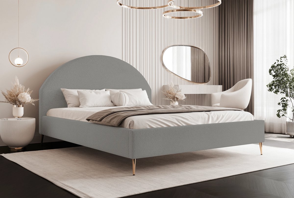 Gestoffeerd Opbergbed 200x200 cm met Lattenbodem en Hoofdbord – Bouclé Tweepersoons Bed met Opbergruimte, Gouden Poten, Modern Design – Lichtgrijs – 210x208x125 cm – Laura