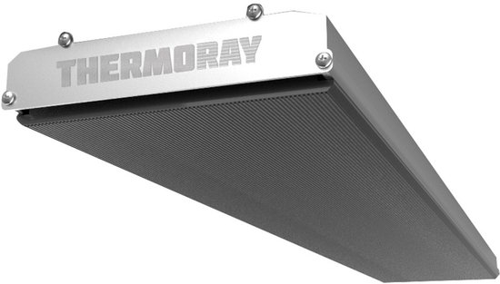 Thermoray infrarood heater 2400W, zilverkleurig metaal met donkergrijs geribbeld paneel.