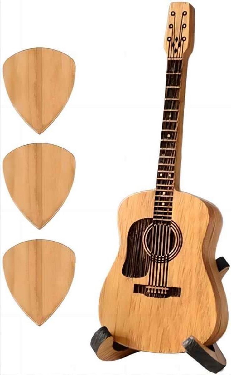 Gitaar Plectrum Houder - Pick Box - Muziek Opslag - Inclusief Stand - Natuurlijk Hout