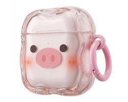 Roze transparant hoesje voor oordopjes dames met varkentje print geschikt voor AirPods 4 siliconen soft case beschermhoes met clip
