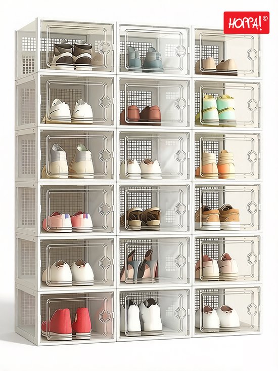 Hoppa! boîtes à chaussures, lot de 18, boîtes de rangement pour chaussures, organisateur de chaussures, boîtes en plastique, pliables et empilables, pour chaussures jusqu'à la pointure 42, blanc transparent