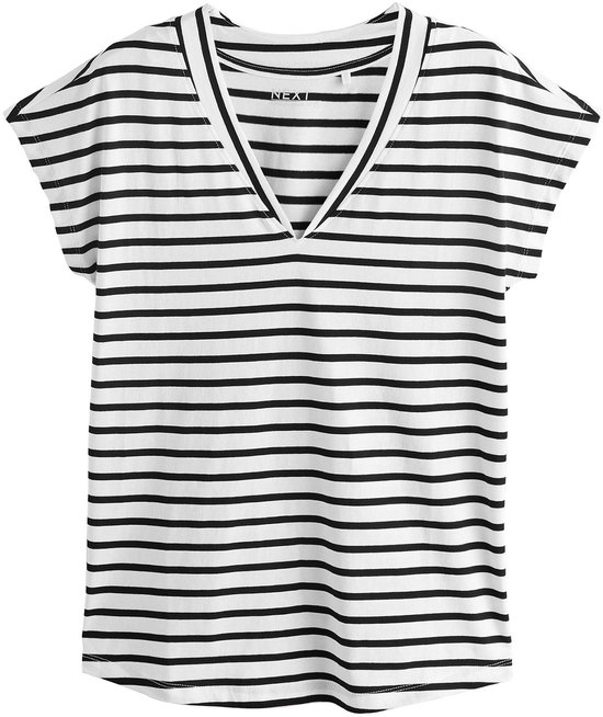 Zwart-wit gestreept T-shirt met V-hals en kapmouwtjes. Het Next-logo is zichtbaar in de nek.