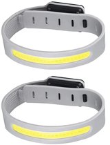 Twee identieke grijze hoofdlampen van siliconen met gele LED-strips, op een witte achtergrond.