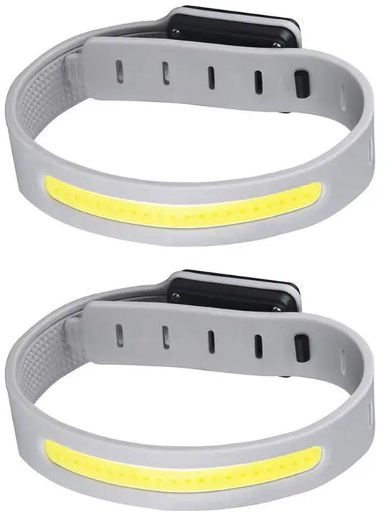 Twee identieke grijze hoofdlampen van siliconen met gele LED-strips, op een witte achtergrond.