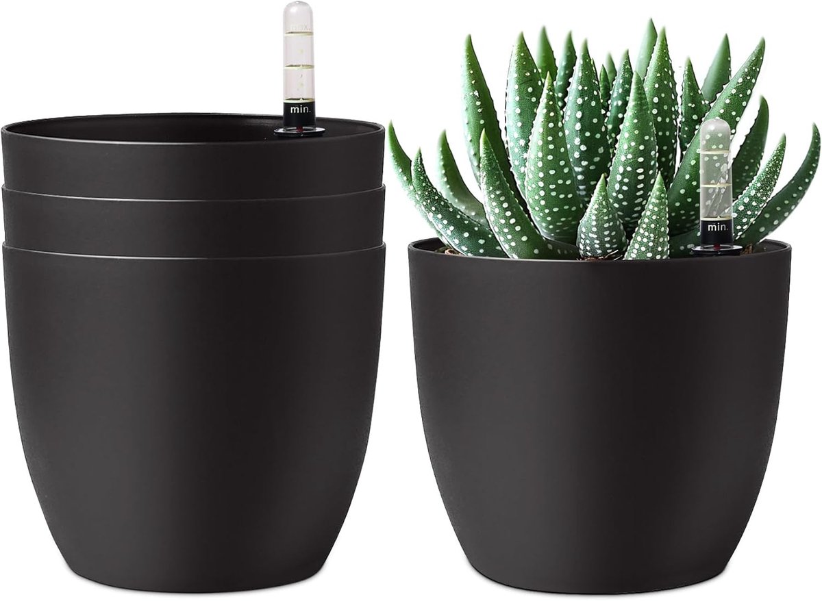 Bloempot - Automatische Watergevende Bloempot - Auto-Bewatering Met Waterreservoir En Waterindicator - 4 Stuks - Voor Binnen En Buiten Zwart