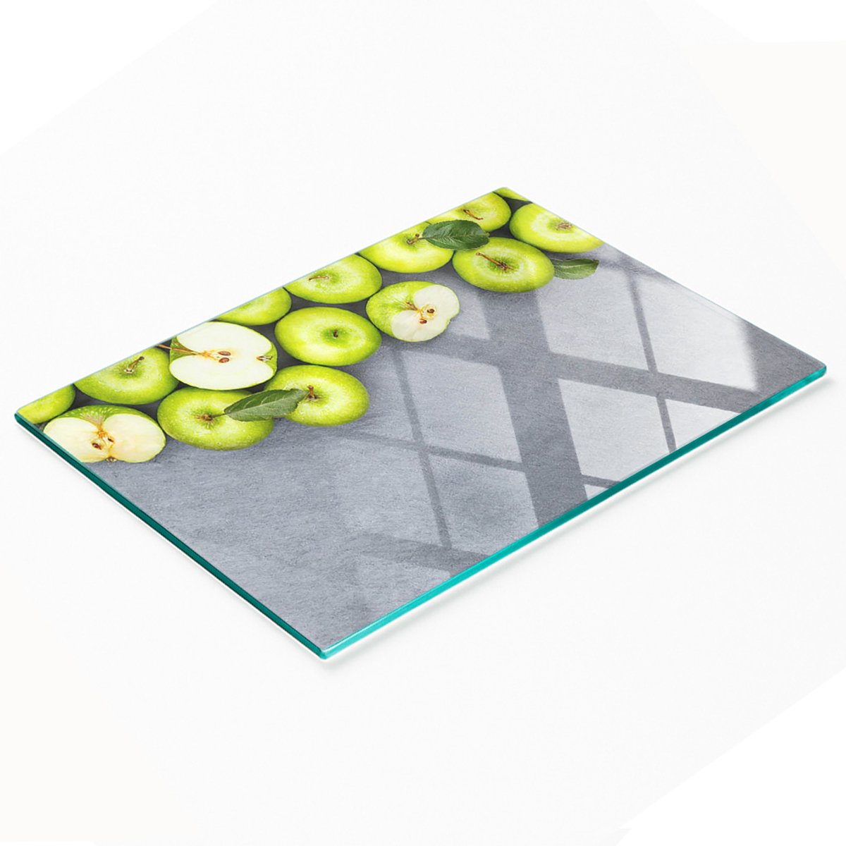 Decoratieve glazen serveerplank met groene appels, 80x52 cm