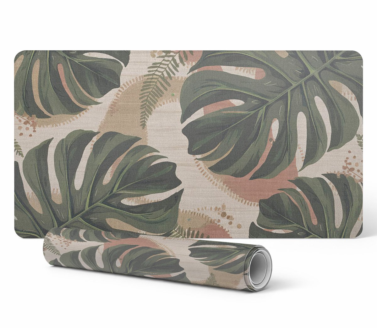 Moderne vinyl toetsenbordmat met Monstera-bladeren, retroprint, 100x50 cm