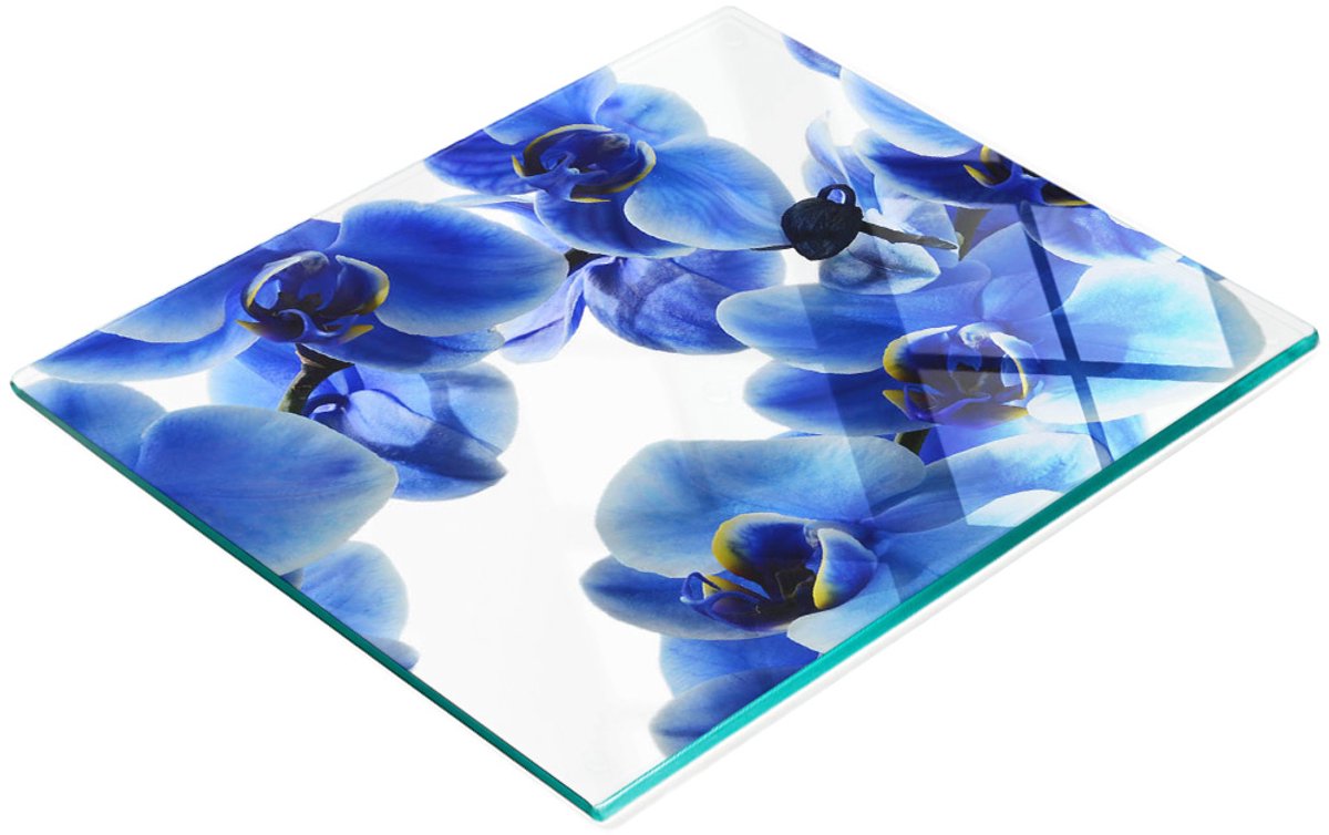 Decoratieve glazen snij- en serveerplank Blauwe Orchidee 60x52 cm