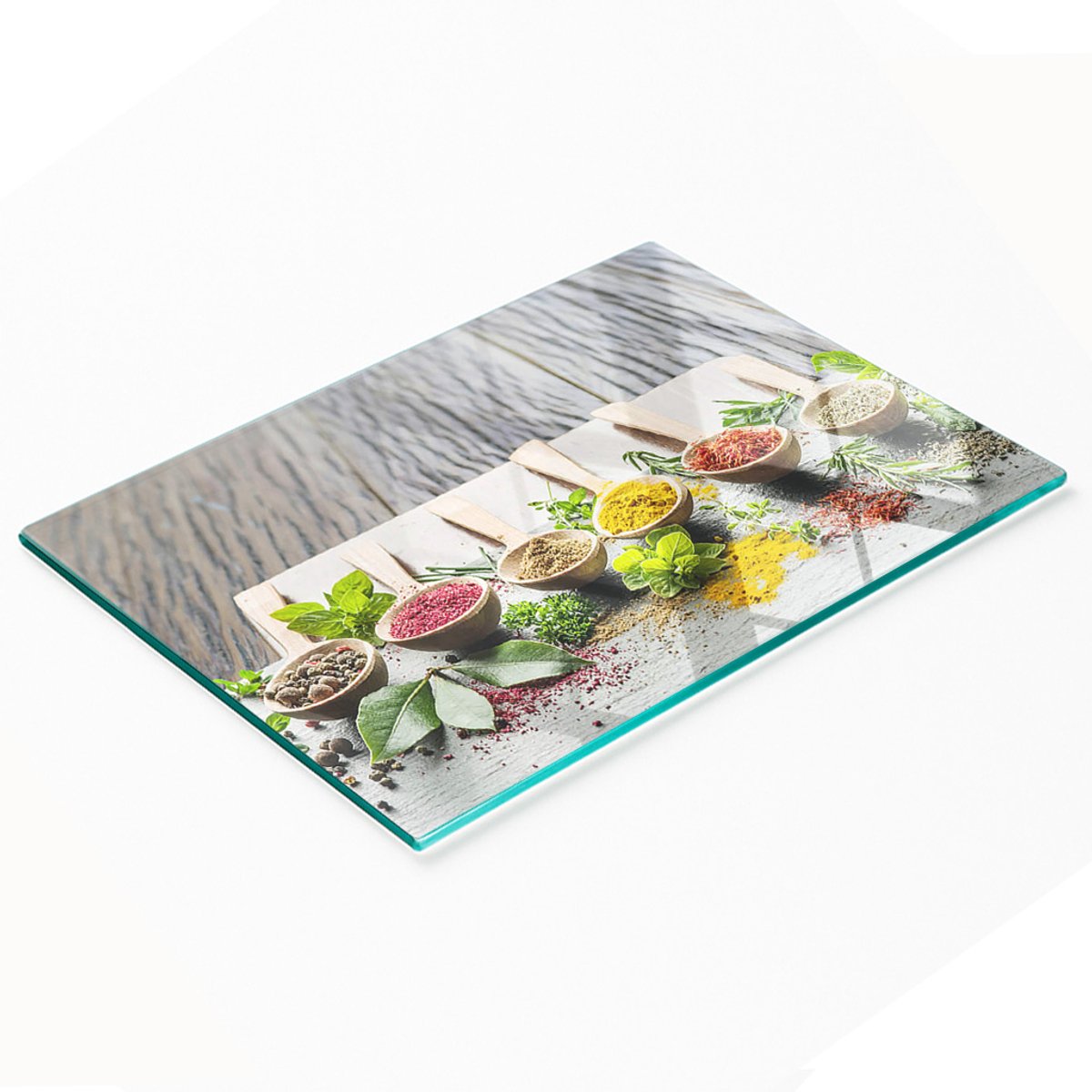 Decoratieve glazen snij- en serveerplank met kleurrijke kruiden, 80x52 cm