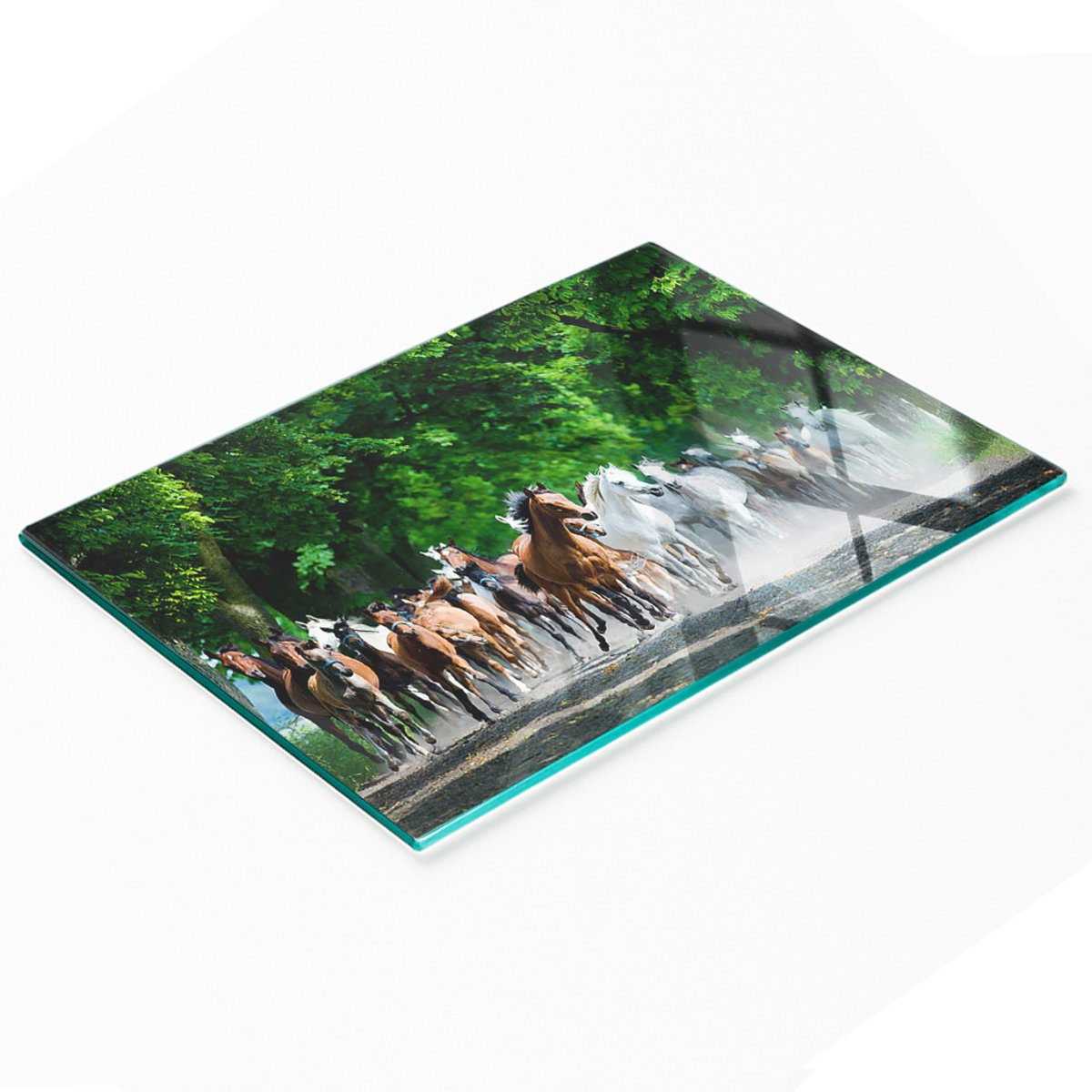 Glazen snijplank met afbeelding van galopperende paarden, 80x52 cm
