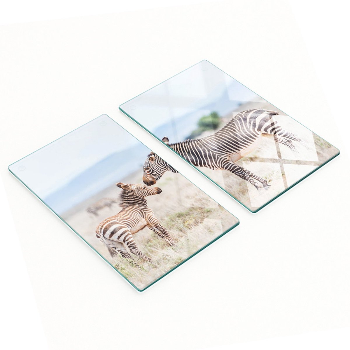 Set van twee decoratieve glazen keukenplanken met zebra- en bergmotief, 2x30x52 cm
