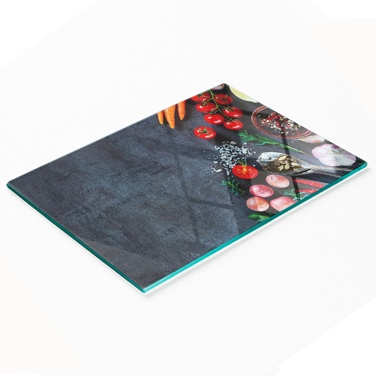 Decoratieve glazen snijplank met afbeelding van ingrediënten, 80x52 cm