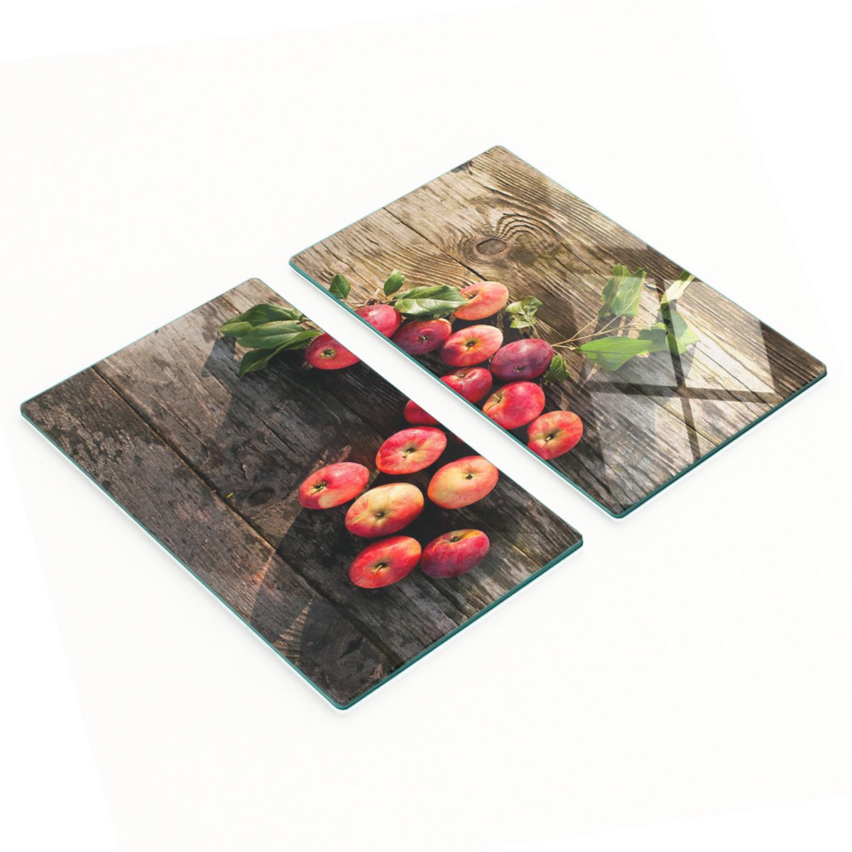 Glazen snijplanken met appels op tafel, afbeelding 2x30x52 cm