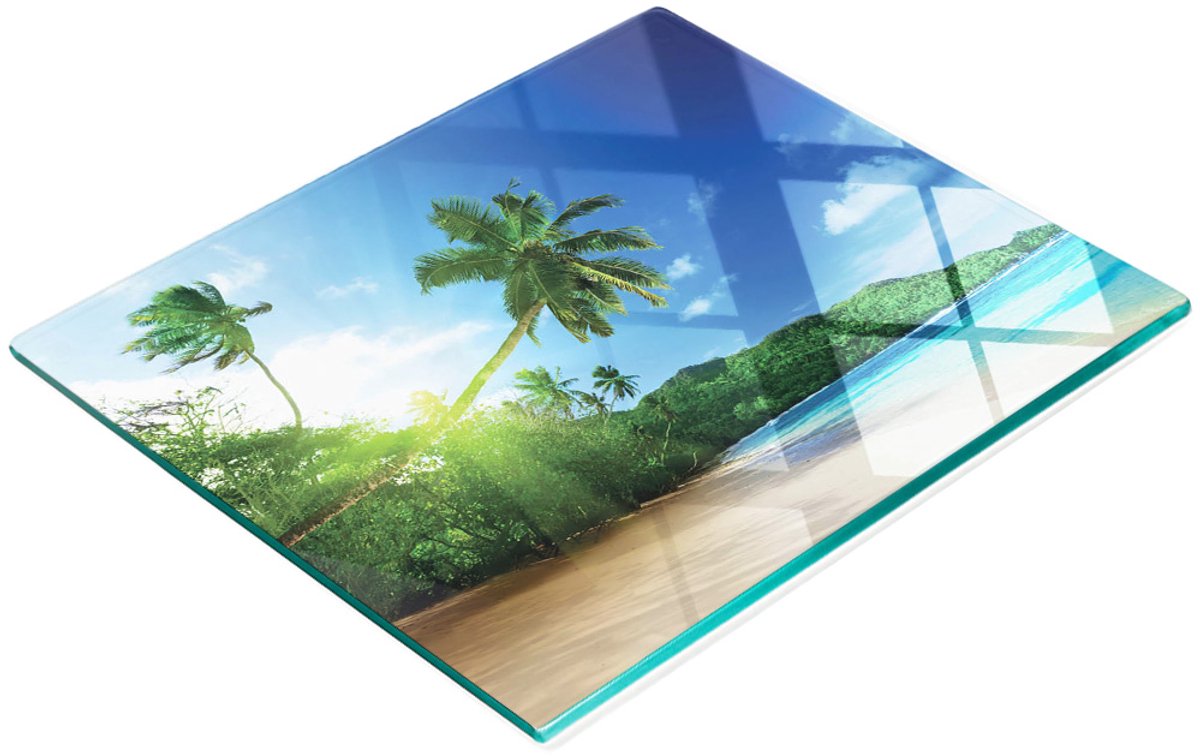 Decoratieve snijplank van gehard glas met strandmotief van de Seychellen, 60x52 cm