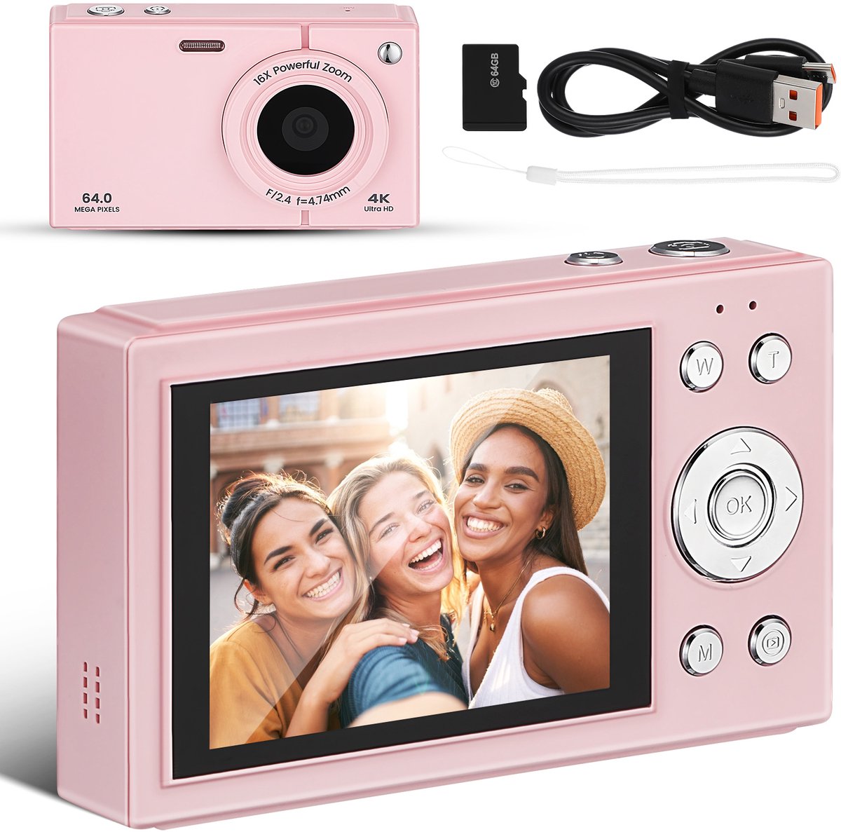 Digitale Camera voor Kinderen & Tieners – 64MP 4K Camera met 16x Zoom – 2,8 inch Scherm – Inclusief 64GB Kaart & WiFi – Retro Compact Camera voor Meisjes & Beginners – Roze