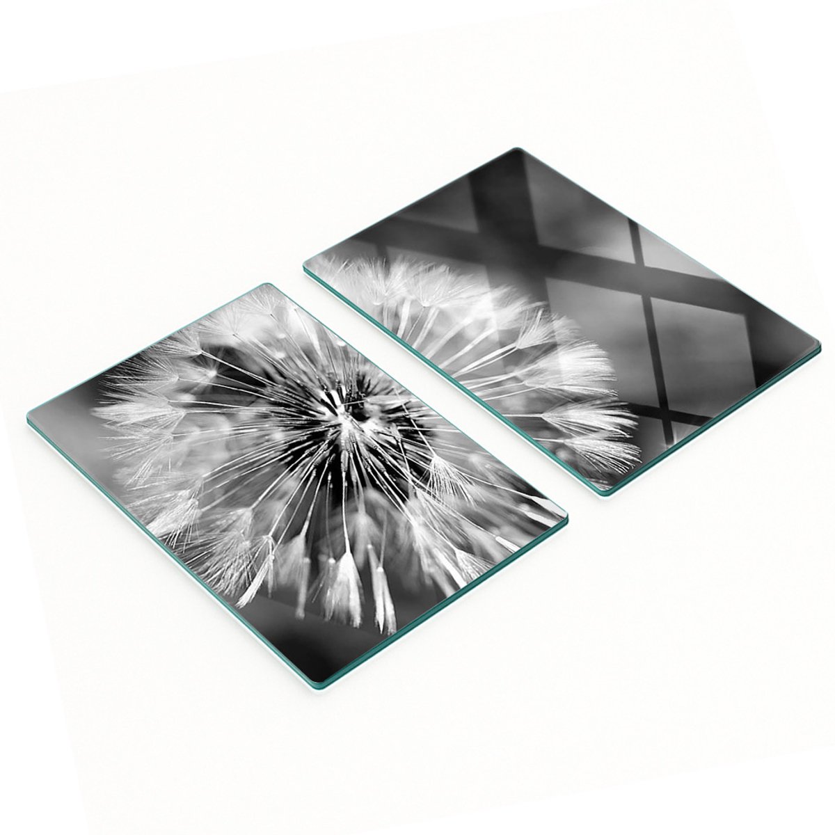 Twee decoratieve snijplanken van gehard glas met paardenbloemmotief, 2x40x52 cm