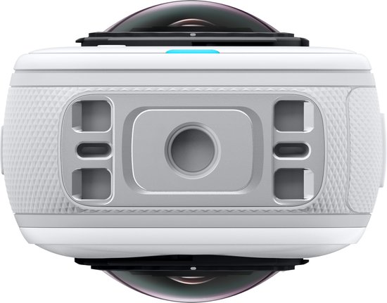 Witte Insta360 X5 action camera, bovenaanzicht met dubbele lens.