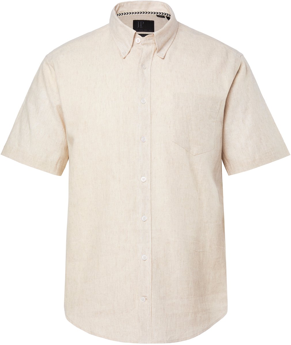 JP 1880 - Heren - Overhemd van een linnenmix korte mouwen button-down kraag - Cement - Maat L
