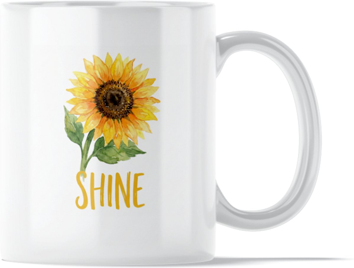 "Aquarel Series" Mok: Shine Sunflower - Woord Straal Bloem - Stralende Waterverf Mok met Zonnebloem - Positieve Herinnering om te Blijven Stralen - Laat een Bijzonder Iemand weten dat Hij/ Zij Straalt - Lief Valentijns Cadeau voor Moeder of Vriendin