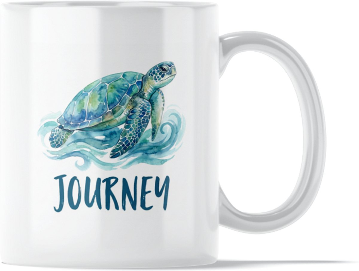 "Aquarel Series" Mok: Journey Turtle - Reis Tekst met Schildpad – Sfeervolle Waterverf Mok met Zeeschildpad - Positieve Herinnering om Af en Toe eens te Reizen en Herinneringen te Maken - Lief Cadeau voor Moeder of Vriendin