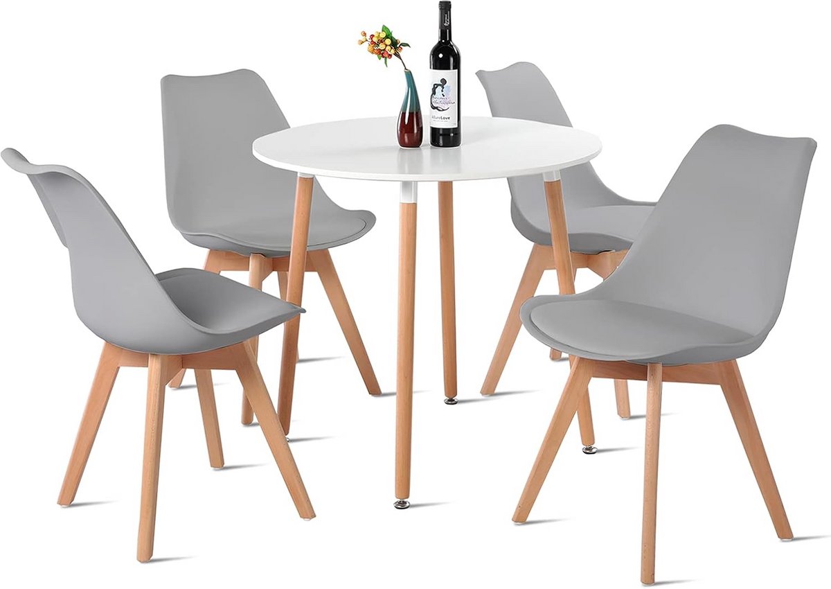 Ronde Eethoek 80 cm met 4 Stoelen - MDF Tafelblad en Beukenhouten Poten - Grijs