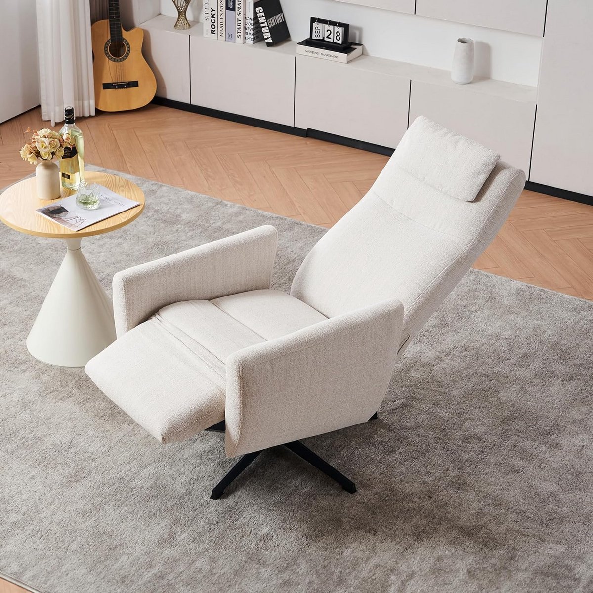 Relaxstoel met ligfunctie en voetensteun in chenille | Draaibare loungestoel voor woonkamer | Beige