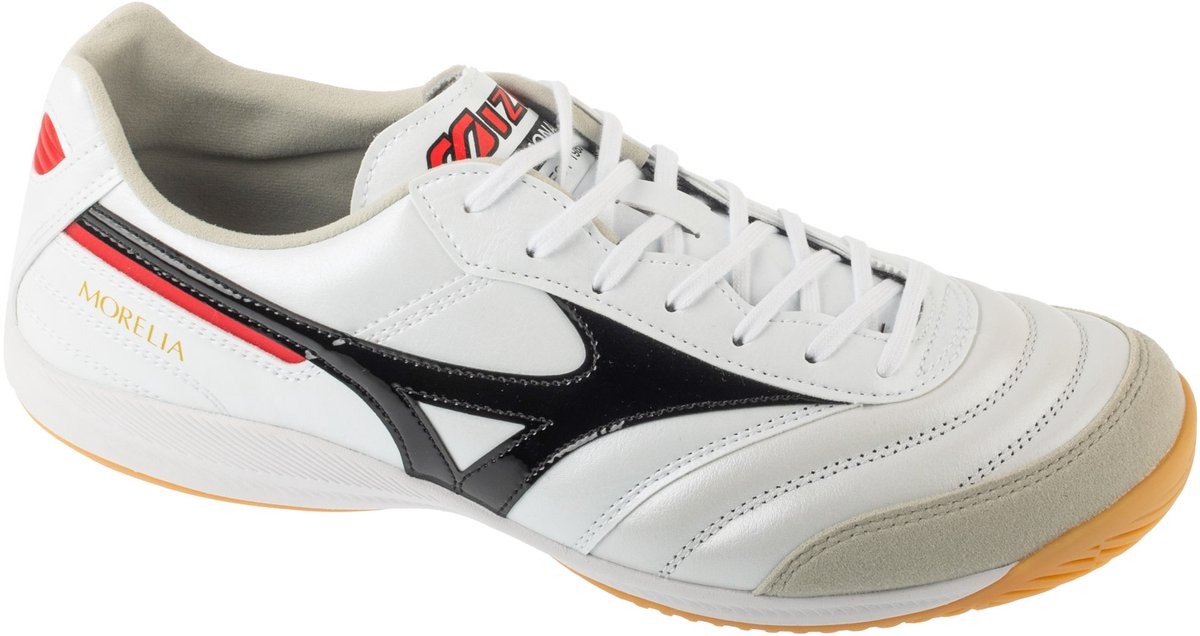 Mizuno Morelia Sala Elite IN indoorschoenen voor mannen, wit leer, maat 45, met zwarte en rode details.