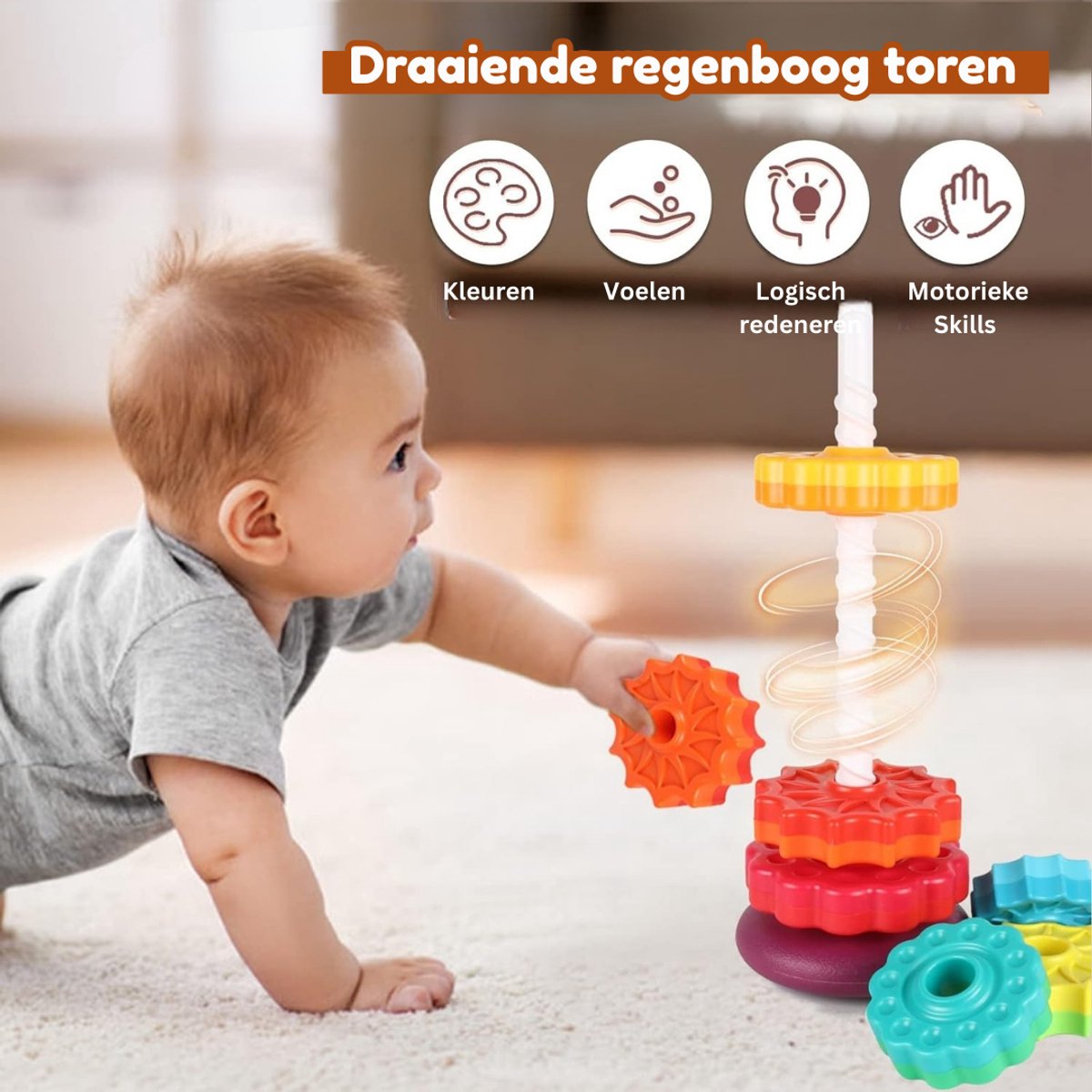 Homeblend Draaiende Stapeltoren - Speelgoed 1 Jaar - Educatief & Sensorisch Babyspeelgoed - Fijne Motoriek & Hand-oogcoördinatie - 6 Multicolor Stapelringen — afbeelding 4