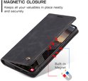 Zwarte lederen telefoonhoes, gesloten om de telefoon te tonen. Pijlen geven de ingebouwde magneet aan.