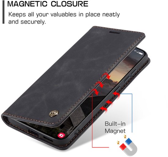 Zwarte lederen telefoonhoes, gesloten om de telefoon te tonen. Pijlen geven de ingebouwde magneet aan.