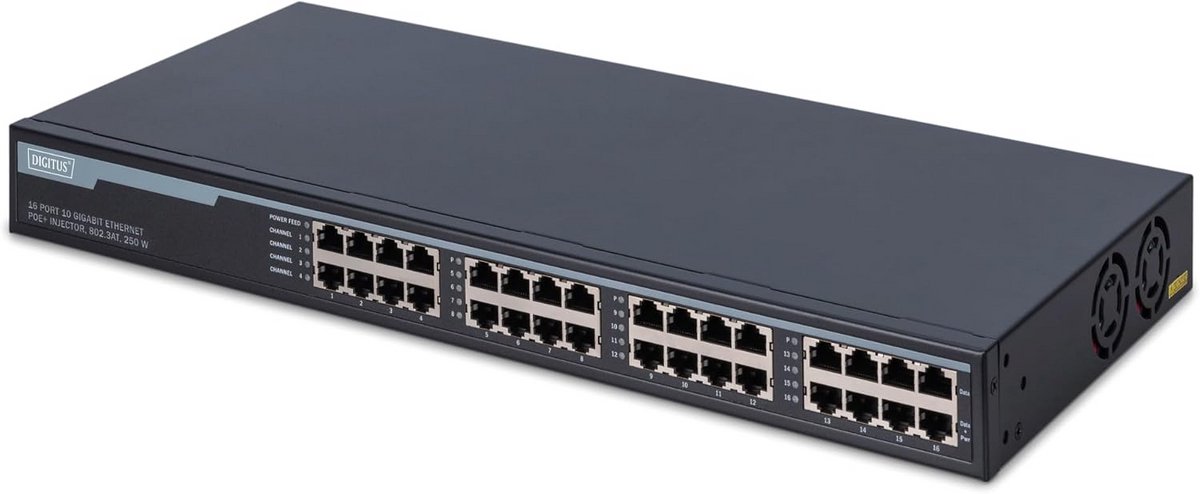 16-Poorten Gigabit PoE+ Injector voor 19 inch Rack - 250W Totaal Vermogen